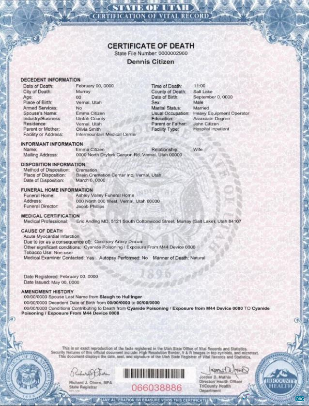 Download USA state Utah death certificate template in PSD format Photoshop template